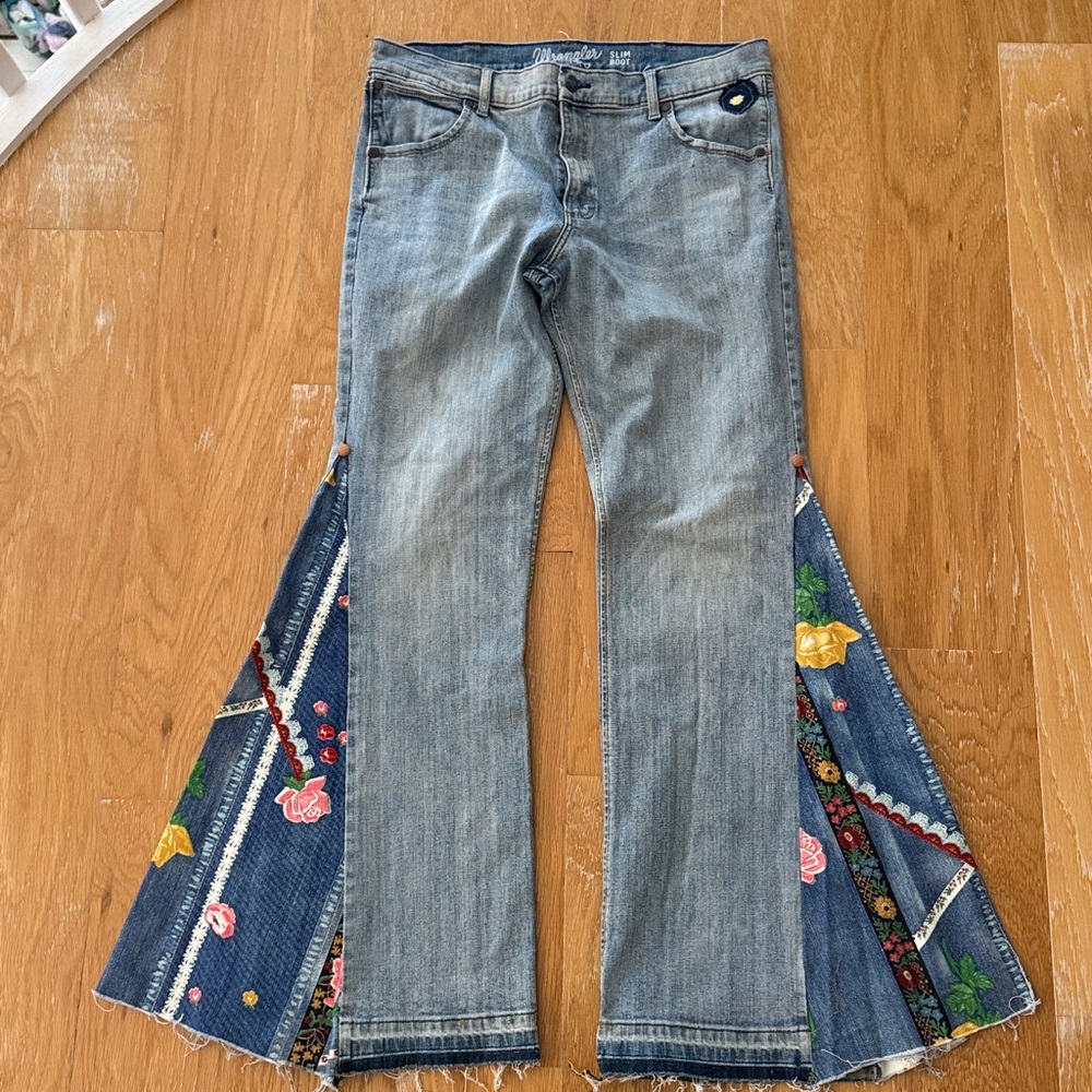 Upcycled Hand Created Denim Jeans sz 36 Flowers Pattern Denim Wide Flare